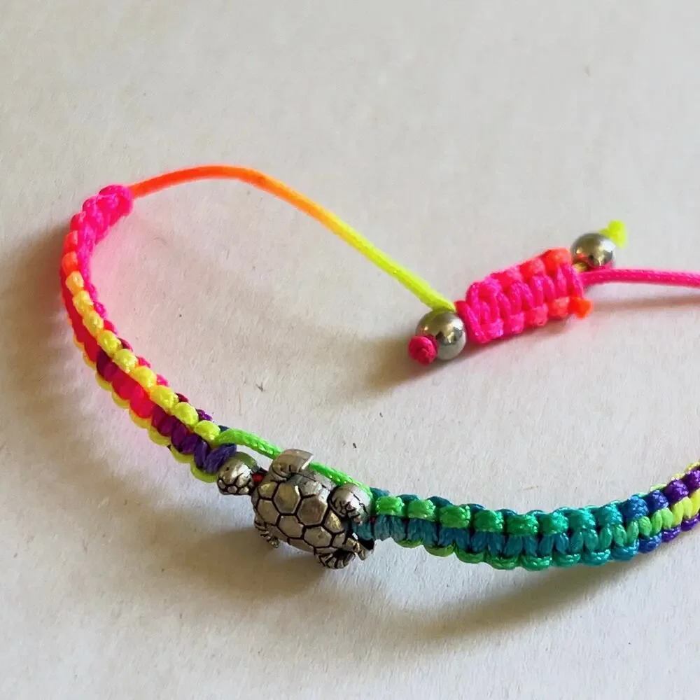 Turtle Neon Rainbow Adjustable Bracelet Silver Tone Charm Children's Handmade